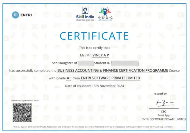 Business Accounting & Finance Certification Internship Program Certificate