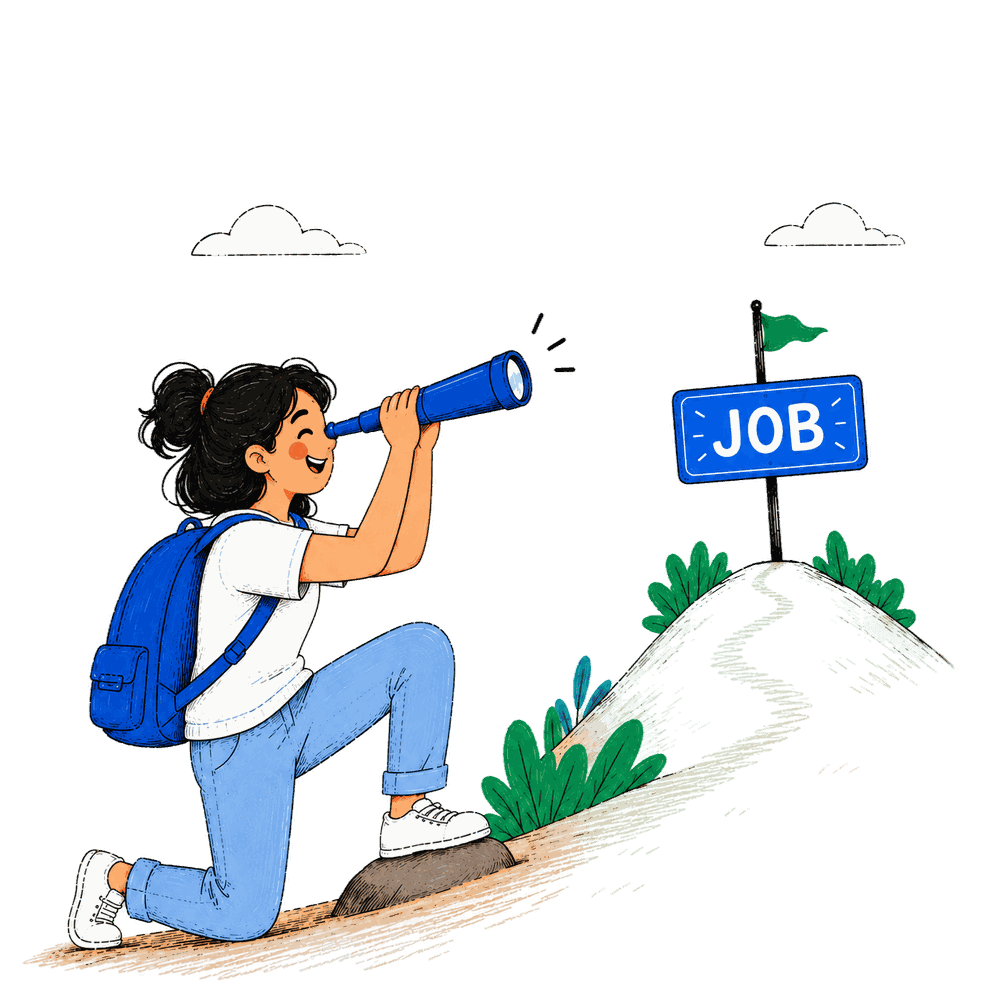 A job seeker looking through a telescope at a hilltop job signboard